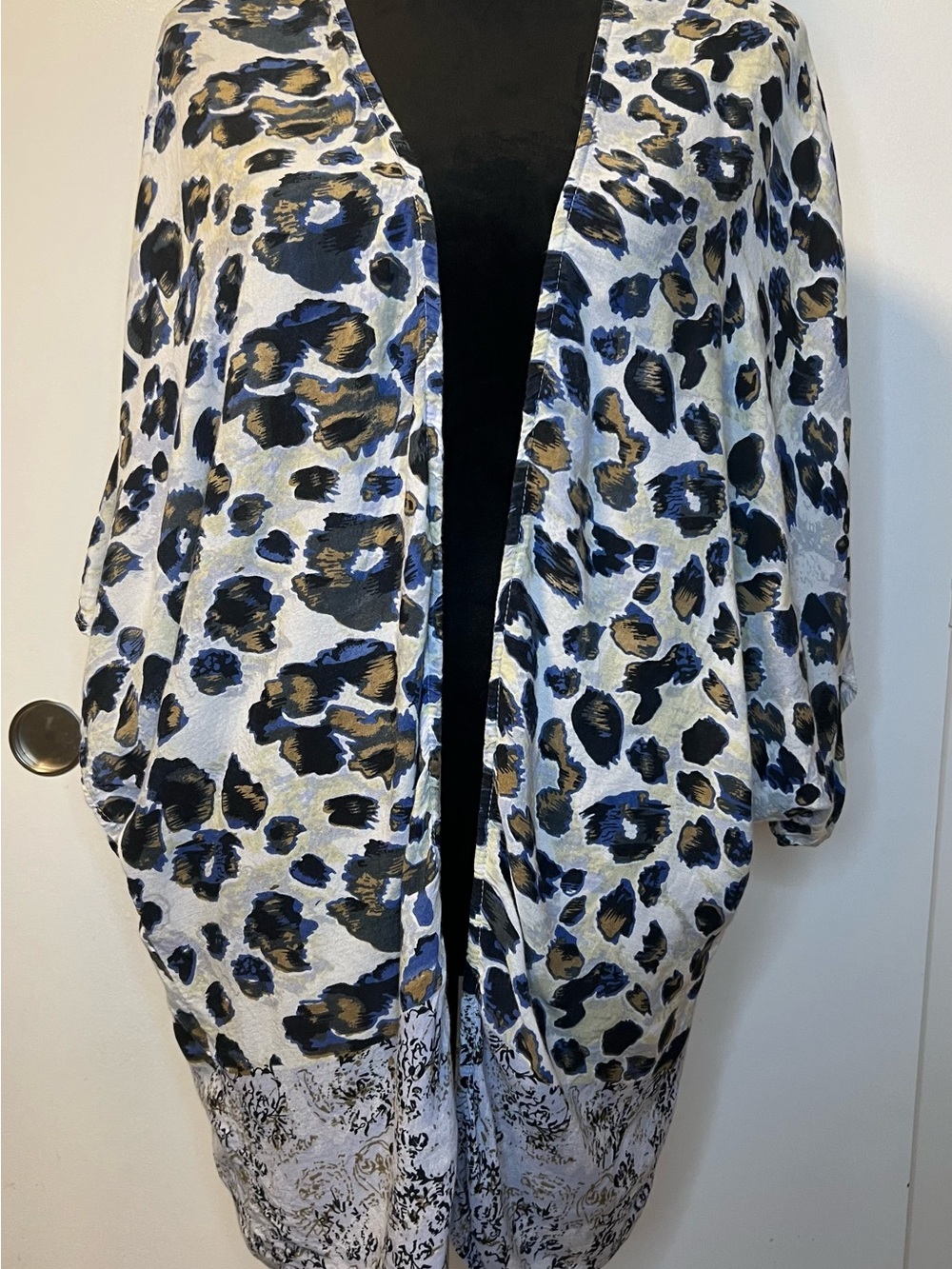 Tanzara Top Kimono Size XL Leopard Print Open‎ Front Lightweight 3/4 Sleeve Blue